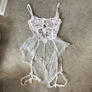 For Love And Lemons Sheer Lace Chemise in Pink and White